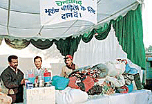 One of the collection centres set up for Gujarat earthquake victims in Sector 20 of Chandigarh on Thursday.