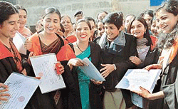 Students of the Nursing College, PGI, share joyous moments with Dr Kiran Bedi, after their convocation ceremony in Chandigarh on Saturday.