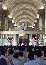 Thailand�s King Bhumibol Adulyadej (background) presides over the opening ceremony of the first session of Thailand�s new Parliament on Sunday at Bangkok�s Ananta Samakhom Hall.