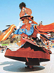 A Tibetan dancer of Solan�s Yung Drung Bon Monastery performs at the concluding-day function of Tibet Festival in DAV School, Sector-15, Chandigarh, on Sunday. 