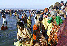 Devotees gather on the banks of the Ganges river to bathe and pray at sunrise on Thursday in the Mahakumbha mela in Allahabad on the occasion of Maghi Poornima.