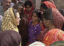 Mrs Sonia Gandhi speaks with earthquake victims at Paddhar village, 25 km east of Bhuj, on Monday.