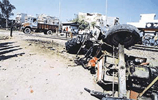 Remains of a tractor-trailer after it collided with a passenger train in Ludhiana on Monday morning. 