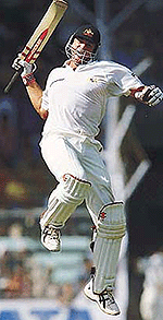 Australia's Mathew Hayden celebrates hitting the winning runs in the first test against India at the Wankhede Stadium in Bombay on thursday. 