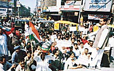 The DYC president, Mr Parminder Mehta, addresses a rally to press for the dismissal of the NDA Government in Ludhiana on Saturday. 