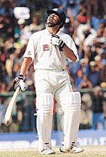 Sachin Tendulkar looks skywards after completing his century in Chennai on Tuesday.