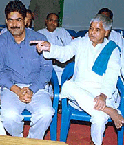 Controversial Siwan MP Mohd. Shahabuddin with RJD chief Laloo Yadav at a wedding reception in Patna on Friday.