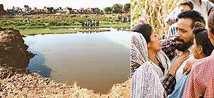 A 10-year-old child, Bablu, drowned in this ditch in Patiali Ki Rao cho near Dhanas village on Saturday and (right) grieving father of the child.