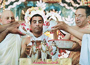 Lord Rama Mahabhishek being performed on the occasion of Ram Navami celebrations by ISKCON in Chandigarh on Monday.