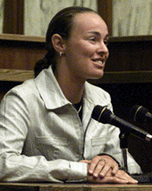 Martina Hingis testifies on the witness stand during the trial against her alleged stalker Dubravko Rajcevic in Miami, on Monday.