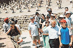 Creator of the Rock Garden Nek Chand explaining his creation to the youngest member of the cricket delegation, Josh O�Meara, from Australia on Sunday. 