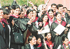 Jubilant students of the Government College of Education, Sector 20, at the annual convocation of the college in Chandigarh on Monday. 