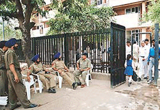 Police personnel outside the District Courts complex in Chandigarh on Wednesday.
