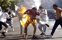 People try to put out the fire on Manuel de Armas (centre) after he set himself alight at La Plata, 30 miles south of Buenos Aires, on Tuesday.