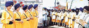 Children attired in traditional �Khalsa dress� and �Panj Piaras� along with prominent political and religious personalities of the town take part in the nagar kirtan procession taken out to mark Baisakhi festival on Thursday.