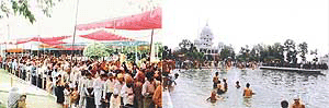 Devotees queue up for paying obiesance at the Gurdwara Alamgir on Friday and devotees take a dip in the holy sarovar of the gurdwara on the occasion of Baisakhi. 
