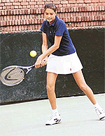 Sonal Phadke of India (second seed) plays a forehand volley against Veronika of the Czech Republic whom she outplayed in three sets in the $ 10000 ITF Women�s Tennis Tournament at the CLTA courts in Chandigarh on Monday.