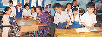 Visually challenged students enjoy their lessons at a vocational rehabilitation training centre in Ludhiana.