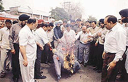 Industrialists burnt an effigy of the NDA government to protest against �wrong� economic policies at Vishwakarma Chowk in Ludhiana on Thursday.