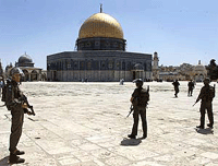 Israeli policemen stand in front of the al-Haram al-Sharif or Temple Mount in Jerusalem after prayers ended on Friday. 