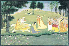 Shiva, playing his damaru, with Parvati as apsaras dance (18th century, Pahari)