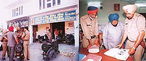 The robbed bank and (right) police showing photographs of listed criminals to the bank gunman Bishan Singh. 
