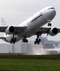 Airbus Industrie's new A340/600 passenger plane executes its first take off at Blagnac airfield near Toulouse on Monday.