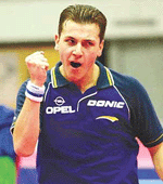 German Timo Boll reacts during his match against Wang Liqin of China in the quarterfinal clash of the men's team competition of the 46th World Table Tennis Championships at Osaka, western Japan, on Friday. Boll beat world No 1 Wang in straight sets in the second match of their quarterfinal.
