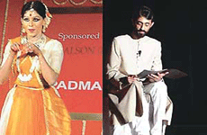 Shovana Narain and Sunit Tandon during the enactment of Udihtra and Draupadhi at Guru Nanak Bhavan Ludhiana, on Saturday evening.