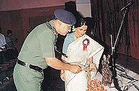 The chief guest, Brig S.C. Sharma, Commander 12 Sig Grp, lights the lamp assisted by the Principal, Ms Bushra Ahuja, at the annual function of Kendriya Vidyalaya No 1, Chandi Mandir here on Tuesday.