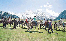 A group of domestic tourists enjoying horse-riding in tourist resort of Sonamarg, 85 kms from here in Srinagar.