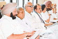 The PPCC President, Capt Amarinder Singh (extreme left), and other senior leaders at a party meeting in Punjab Congress Bhavan, Chandigarh, on Monday. 