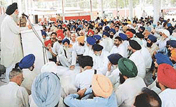 Capt Kanwaljit Singh, Finance and Planning Minister of Punjab, addresses Shiromani Akali Dal workers at Zirakpur on Saturday.