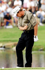 Nick Price of Zimbabwe reacts after his second shot at the edge of teh 17th green during the final rould of the Byron Nelson Classic in Irving , Texas on Sunday.