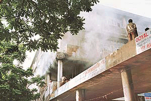 Fire personnel try to douse a fire, which broke out in Sector 17, Chandigarh, on Wednesday morning. 