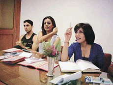 Kanwal Toor, one of the finalists of Femina Miss India-2001 and Vandana Vadera address a press conference in Ludhiana on Wednesday.