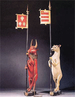Images of heraldic beasts from England: Red bull and white ram
