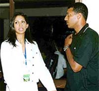Indian tennis star Mahesh Bhupathi in conversation with his fiancee