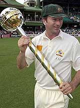 Australian captain Steve Waugh holds the ICC World Championship Test Trophy