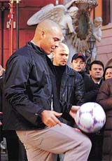 Inter Milan and Brazilian soccer star Ronaldo shows off his ball juggling skills