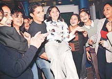 Channel (V) VJ Yudi shares a laugh with students of NIFD at the institute campus in Sector-8, Chandigarh, on Tuesday. 