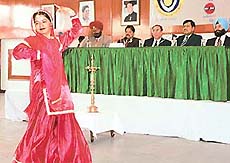 A student performs at the inaugural function in connection with the Oil Conservation Fortnight celebrations at PCA Stadium in SAS Nagar on Tuesday.
