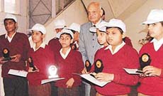 The team of the Sector 26 Institute for the Blind with Mr Sansar Chand after winning the inter-school group song competitions in the government school category in Chandigarh on Tuesday.