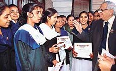 Home Health Care workers interact with the UT Administrator, Lieut-Gen J.F.R. Jacob (retd), after receiving their degrees at a function organised by the Dr Vikrant Gupta Memorial Trust in Chandigarh on Thursday.