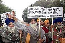 Shiromani Akali Dal (Amritsar) activists call for peace during a demonstration