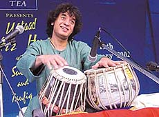 Ustad Zakir Hussain during his concert at Purana Quila in the Capital on Saturday.