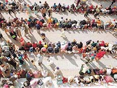 An aerial view of devotees partaking langar in Chandigarh on the occasion of the birth anniversary of Guru Gobind Singh on Monday. 