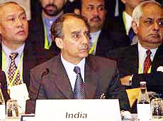 Indian Disinvestment Minister Arun Shourie listens to a speech