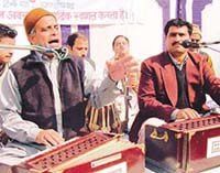 Mohammad Salim Sabri, (left) from Malerkotla render a qawaali at Sarv Dharam Sammelan in Sector 24 in Chandigarh on Tuesday.