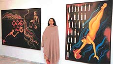 Arpana Caur poses with works from her latest series titled �The legend of Sohni�.